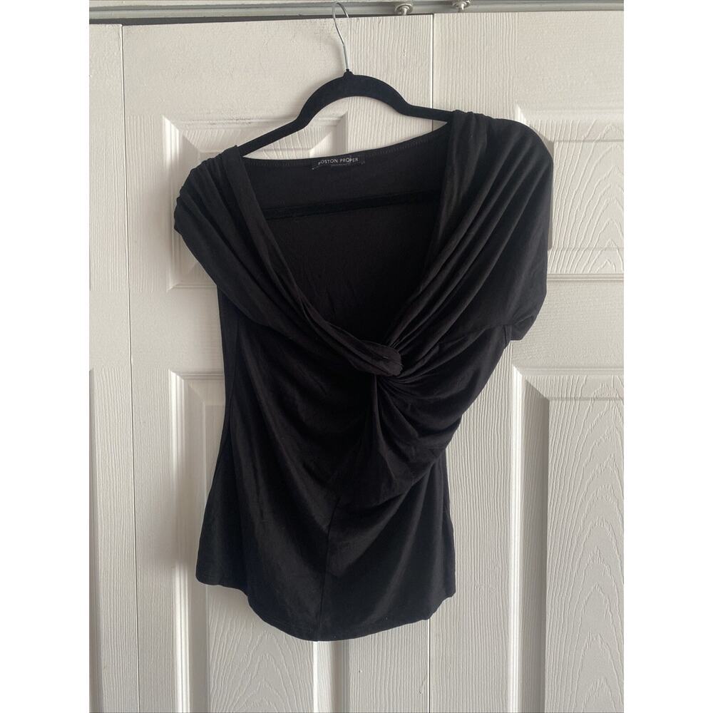 Boston Proper Twist Front Drape Top Womens Size S Black‎ Knot V-Neck Jersey Knit